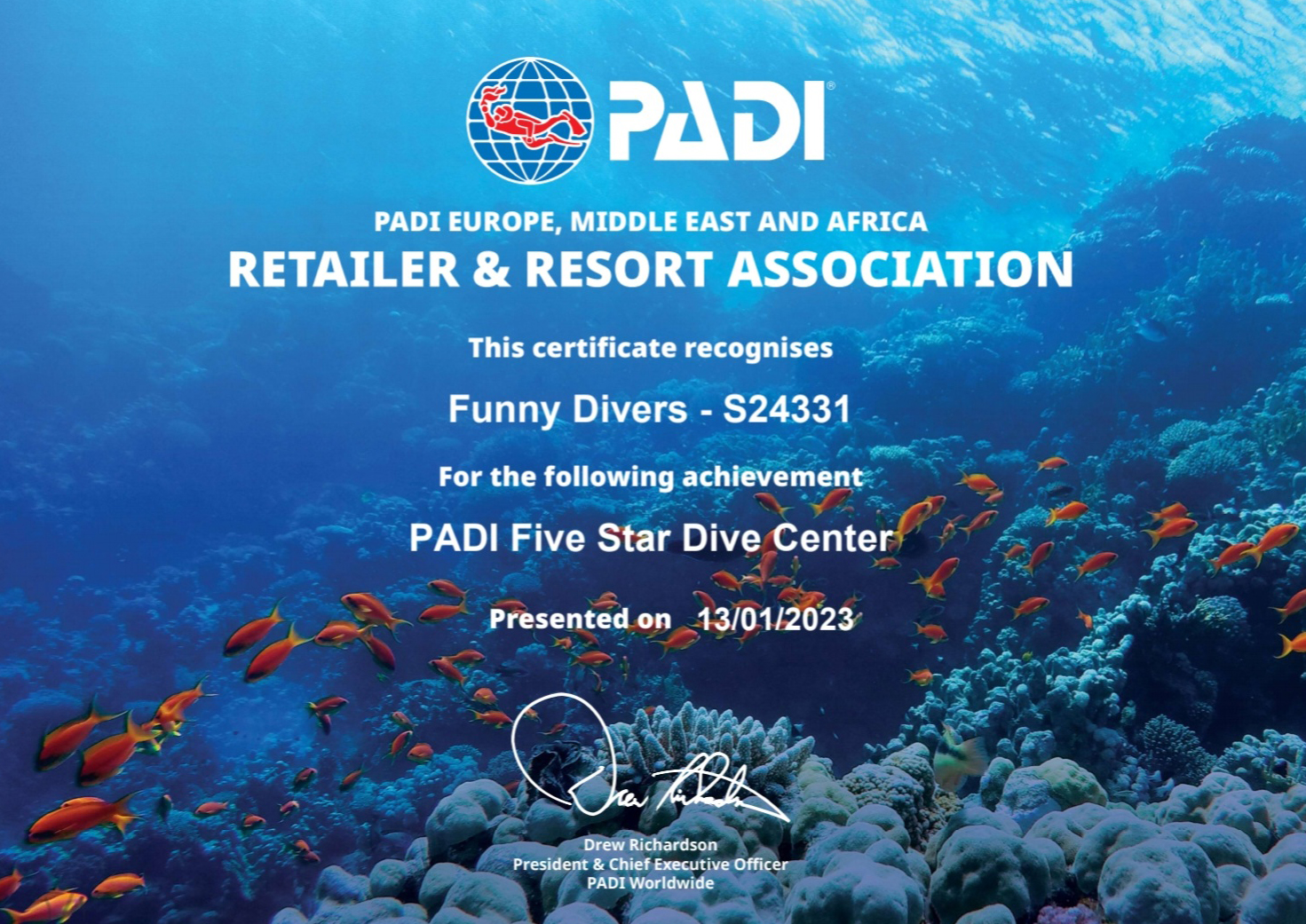 A photo of Padi 5 star award to funnydivers diving center in hurghada red sea